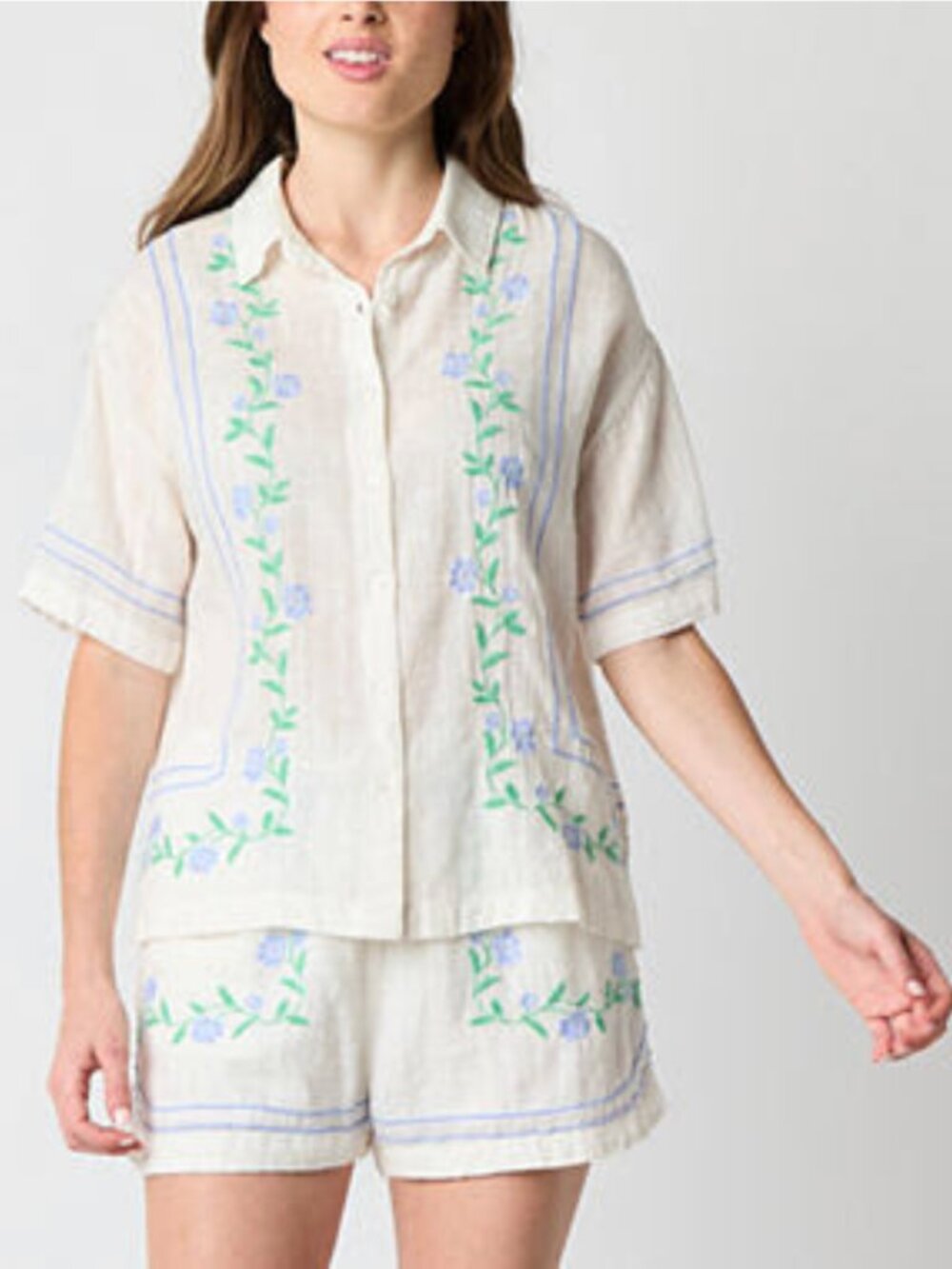 Arizona Jean Co Floral Embroided Matching Set Cotton Beachy Casual Linen Blue